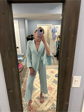 Wrap Front Wide Leg Jumpsuit in Light Aqua